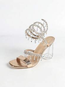 Sandalias de tacón grueso con cristales para mujer, con punta cuadrada, tira envolvente con strass y diseño de serpiente, estilo abierto y elegante, para uso básico en fiestas, para verano/otoño - Dorado - Ver 13