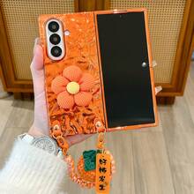 1pc Women's Foldable Phone Case With Flower Stand & Lanyard, Orange Shell, Fashionable & Popular New Model, Lightweight Protective Cover Compatible With Samsung Galaxy Z Fold 7, Galaxy Z Fold 6, Galaxy Z Fold 5 & Galaxy Z Flip7, Galaxy Z Flip6, Galaxy Z Flip5 - trái cam - Xem 1