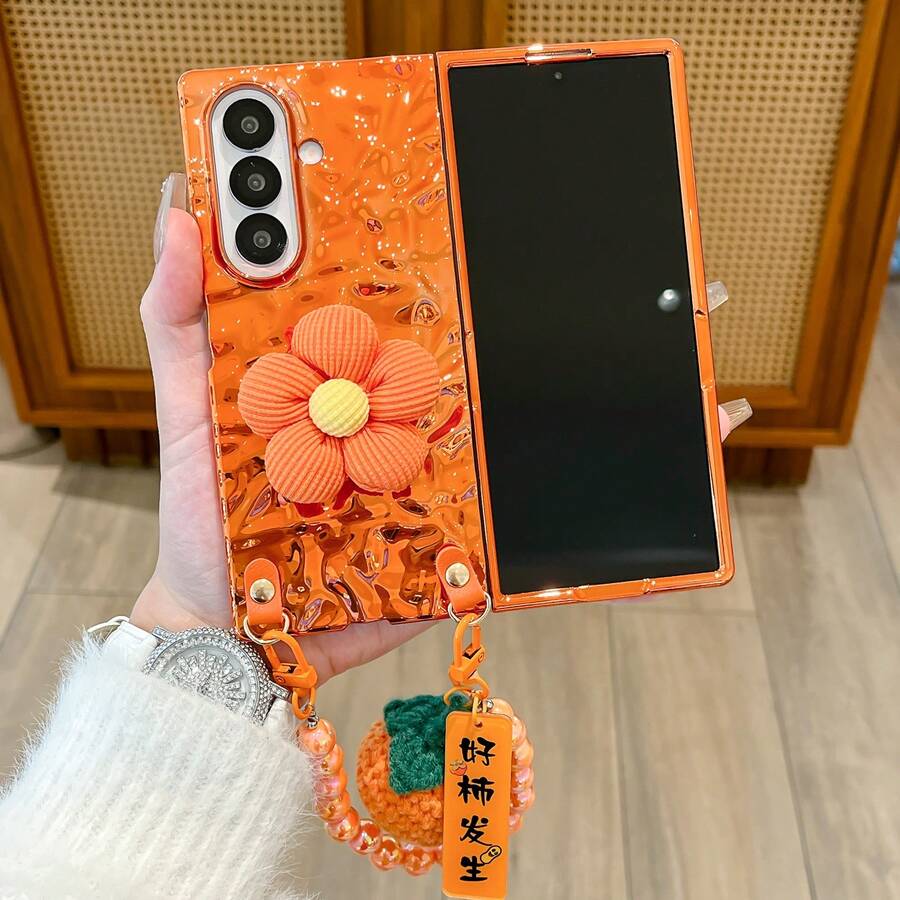 1pc Women's Foldable Phone Case With Flower Stand & Lanyard, Orange Shell, Fashionable & Popular New Model, Lightweight Protective Cover Compatible With Samsung Galaxy Z Fold 7, Galaxy Z Fold 6, Galaxy Z Fold 5 & Galaxy Z Flip7, Galaxy Z Flip6, Galaxy Z Flip5 - trái cam - Xem 1