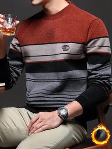 Red Men's Winter Thick Sherpa Striped Knit Sweater - Red - View 1