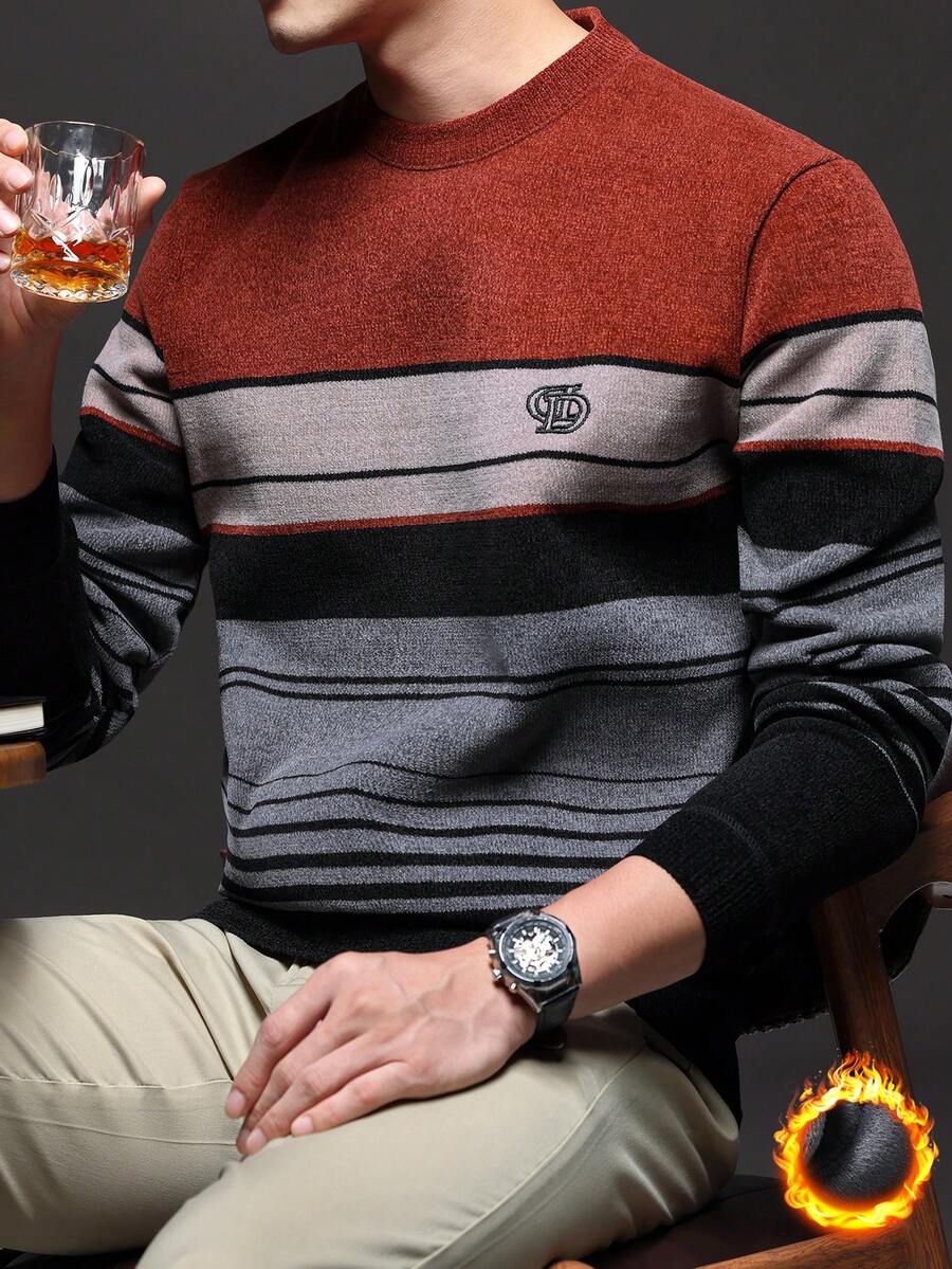 Red Men's Winter Thick Sherpa Striped Knit Sweater - Red - View 1