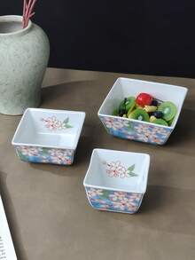日式花卉陶瓷方碗套装 - 手绘樱花图案，适合盛放食物、装饰和馈赠 | 可叠放的瓷碗，适用于寿司、甜点、小吃 | 独特的家居厨房餐具 - 彩色 - 查看 5