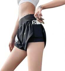 2 in 1 Shorts Deportivos Mujer para Correr, Pantalones Cortos Shorts Mujer con Bolsillos Incorporado Cintura Alta Licra Forro Secado Rápido Transpirable para Dama. - Negro-XXL - Ver 6