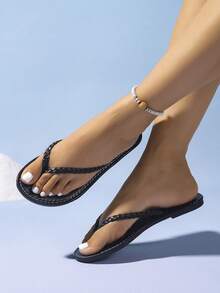 2025 Summer New Women Shoes, Casual Outdoor Lightweight Sandals, Fashion Open Toe Slip-On Shoes, Minimalist Holiday Beach Slippers, Comfortable Flat Sandals, Leather Woven Flip Flops, Ladies & Girls Sandals - Black - View 4