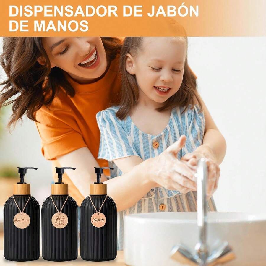 CAVIGLTE 3PCS Dispensador de Jabon Baño, 500ML Dispensador de Jabon,Despachador deón Líquido con 3 Etiquetas de Madera para Cocina,Baño - 1 - Ver 1