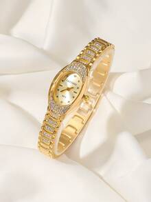 CARYINO 1pc Luxury Oval Dial Watch With Rhinestone Decor Elegant Strap, Fashion Chic Ladies Accessory Watch, Suitable For Daily Wear, Parties, Outfits, Birthday Gift