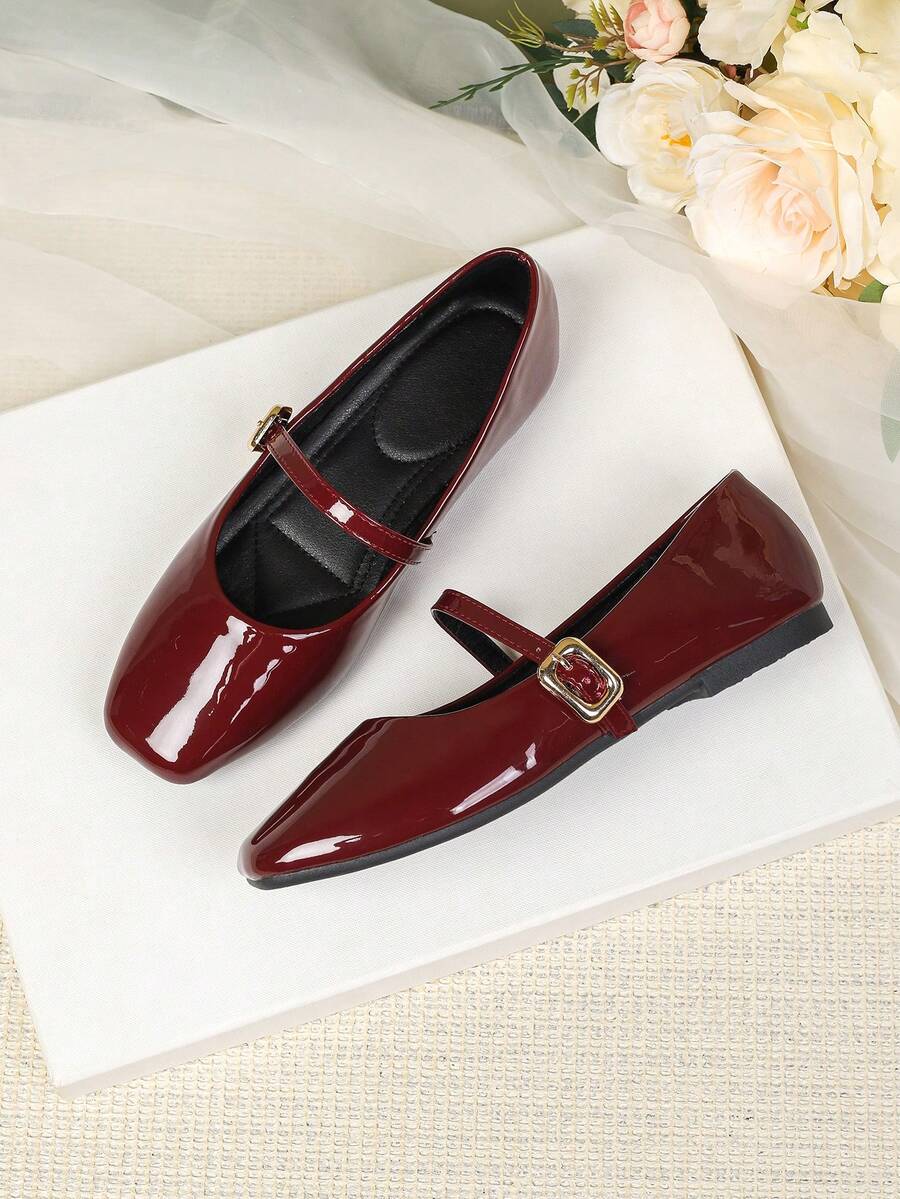 Women's Buckle Square Toe Flat Shoes - Vivid Wine Red Faux Leather, Soft Rubber Sole And Padded PU Insole - Comfortable Office And Casual Shoes, Suitable For All Seasons, Women's Flats, Slip-On Style, Solid Glossy Finish - Square Gold Buckle - 酒紅色 - 查看 1