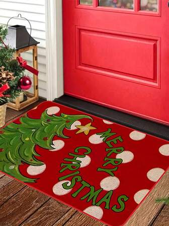 1PC Fun Christmas Themed Floor Mat, Printed With The Words "MERRY CHRISTMAS" And Christmas Tree Pattern Design, Machine Washable, Suitable For High Traffic Areas, Bathrooms/Bedrooms, Kitchens/Restaurants, Corridors/Gardens, Outdoor And Indoor Decoration, Room Decoration, Garden Decoration And Accessories, Christmas Decoration Kitchen Rug