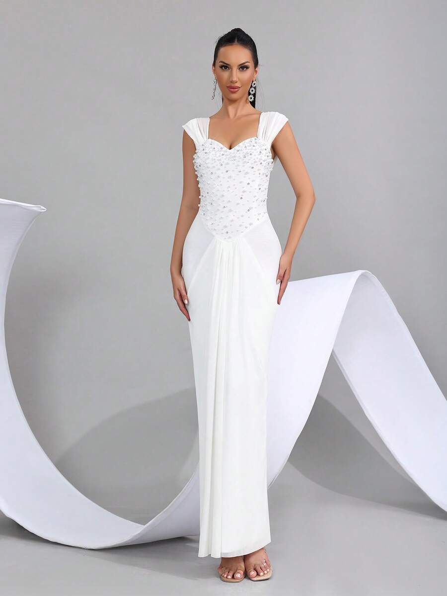 Vestido largo ajustado con hombros descubiertos, cuello de corazón, decoración de diamantes y cuentas brillantes, elegante para cenas formales, invitadas de boda