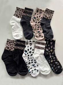 6 双女式豹纹双条纹中筒袜，时尚休闲复古街头风格，适合搭配 - 彩色 - 查看 8