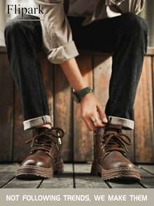 Flipark 1双男士冬季保暖内衬工装靴，高帮系带真皮保暖靴，多种颜色可选，适合日常及户外通勤。