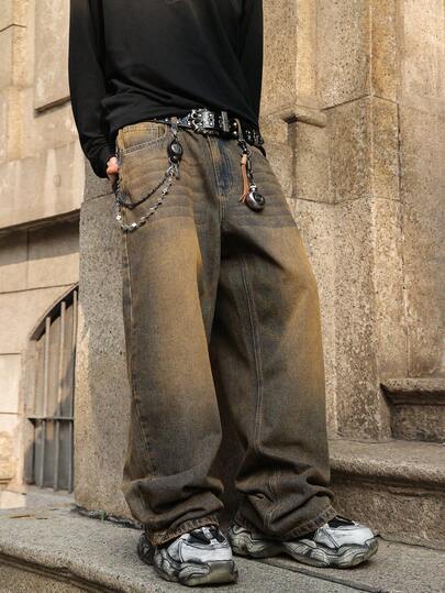 HEHCN Heren Washed Vintage Distressed Loose Straight Leg Casual Jeans, Streetwear Veelzijdige Denim Broek