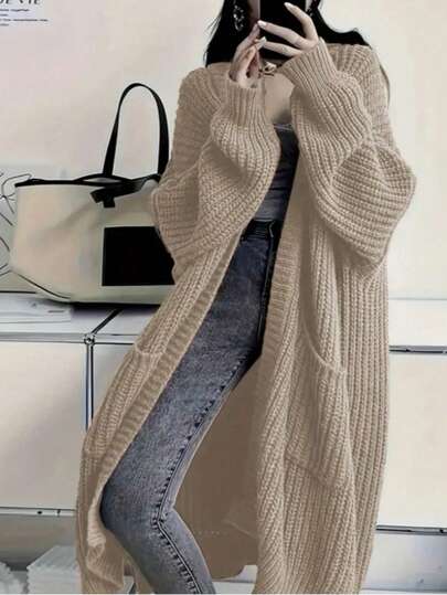 フォンディ プラスサイズ 無地 ミディアムカーディガン ポケット付き、ドロップショルダー長袖、リブニット スリットヘム、柔らかい素材