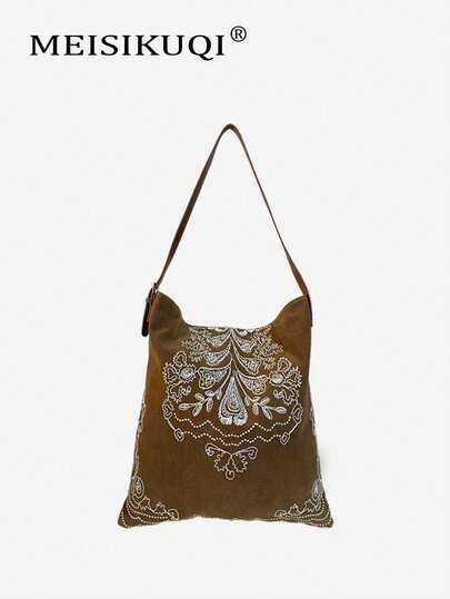2025 Neue Boho-Stil Wildleder Shopper Tasche, Stickerei Muster, Große Kapazität, Lässige Schultertasche