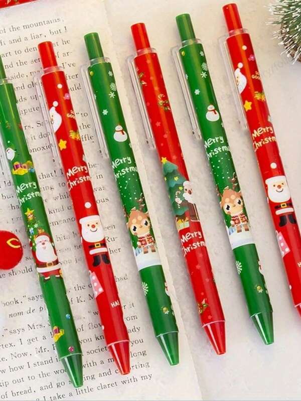 1/5/20 قلم حبر جاف بلاستيكي دائري إرجونوميكي لأغراض المكتب والكتابة والتصحيح والقرطاسية الطلابية والهدايا، بتصميم احتفالي بعيد الميلاد