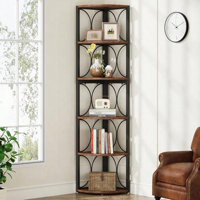 67 Inch Tall Corner Shelf 6 Tier Rustic Corner Bookshelf Bookcase Storage Rack Standing Shelving Unit For Living Room Small Space