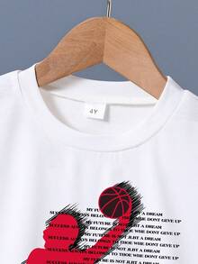 2pcs/Set Boys Slogan Print Round Neck Short Sleeve Casual T-Shirt And Shorts Set - White - View 3