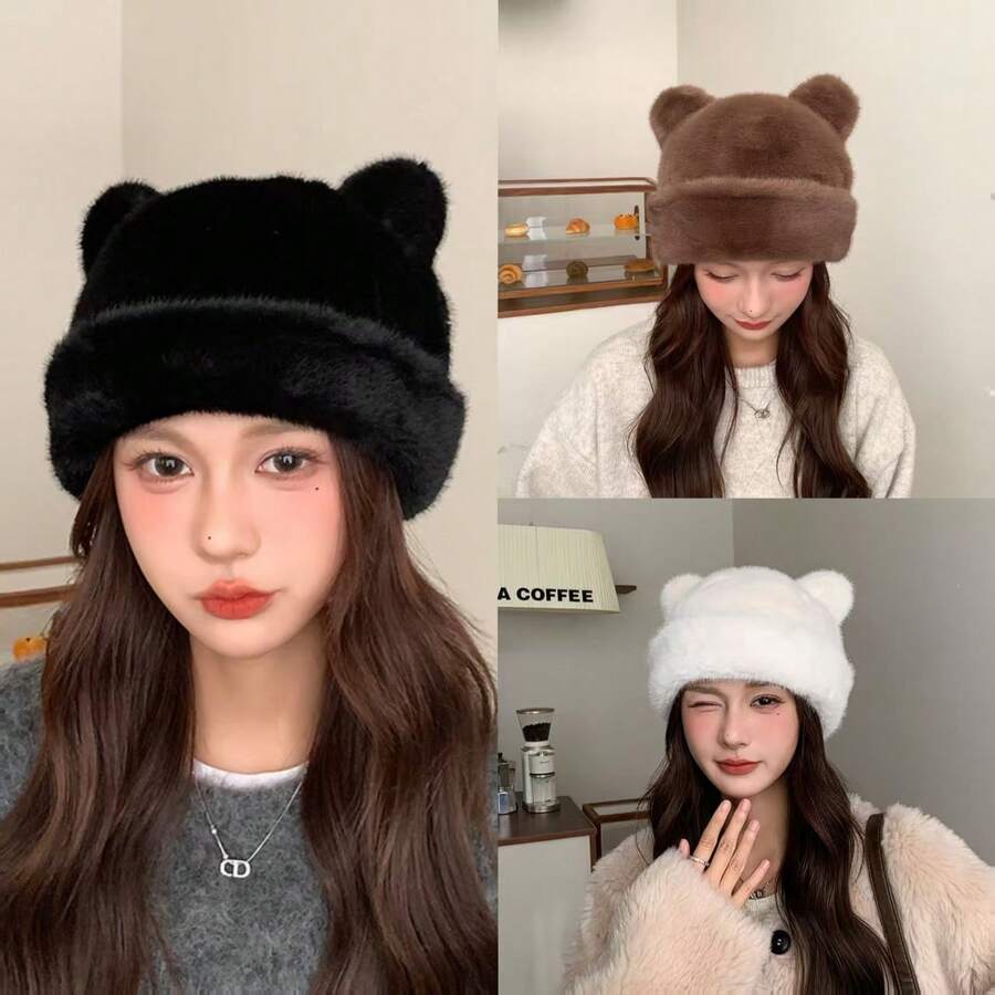 新款时尚休闲韩版可爱小熊耳朵毛绒帽，女士冬季加厚护耳针织帽，适合感恩节、圣诞节等冬季假日穿着