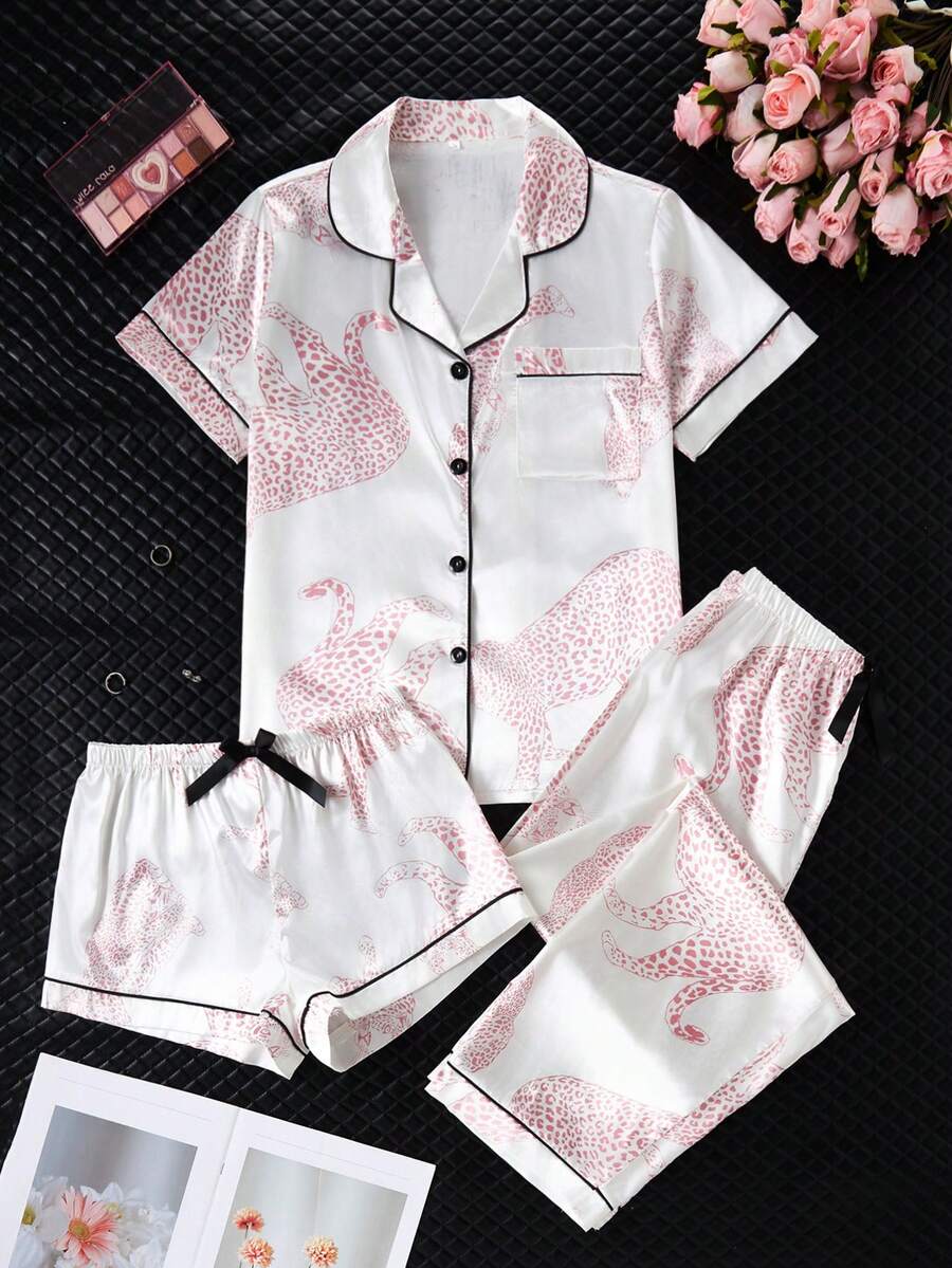 3pcs Women Leopard Print Pocket Short Sleeve Top And Shorts/Pants Pajama Set, Suitable For Spring, Summer, Autumn - Red and White - View 1