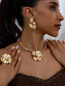 Nuevo conjunto de joyas de moda con brazalete de metal con diseño de flor, anillo, collar, aretes y broche, juego de accesorios - conjunto de joyas - Ver 17