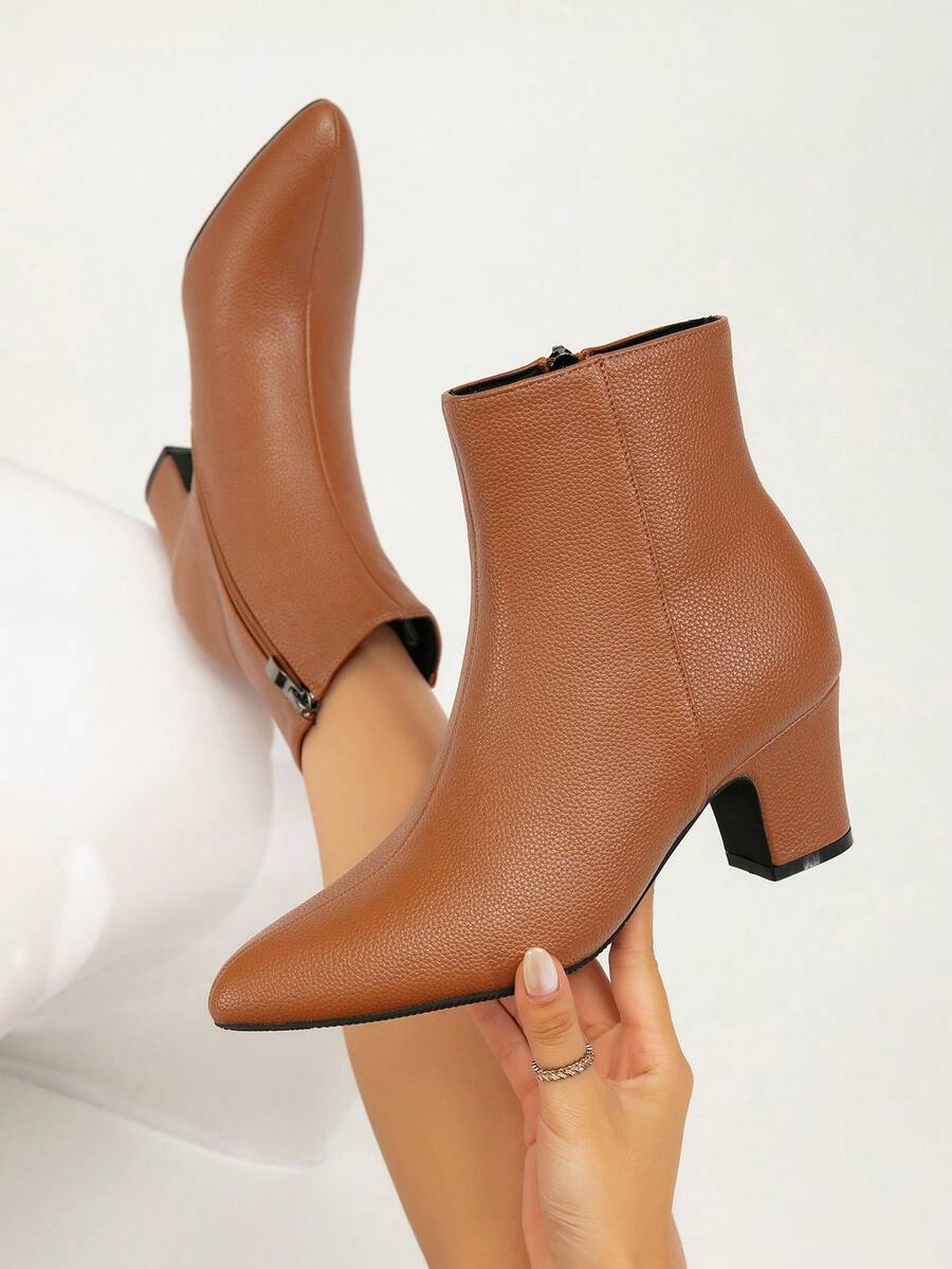 女士时尚粗跟靴，百搭拉链开合优雅尖头性感派对踝靴，秋季