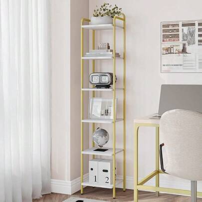 Bookcase Bookshelf 6Tier Narrow Book Shelf Industrial Coner Shelf Storage Organizer Slim Shelving Unit For Home Office Living Room Bedroom Kitchen White Gold BC24613G