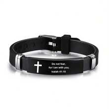 1pc Adjustable Men's Christian Bracelet, Stainless Steel & Silicone Strap With Cross Charm And Bible Verse, Inspirational Religious Jewelry Gift For Husband, Father, Boyfriend, Son - 黑色 4 - 查看 2