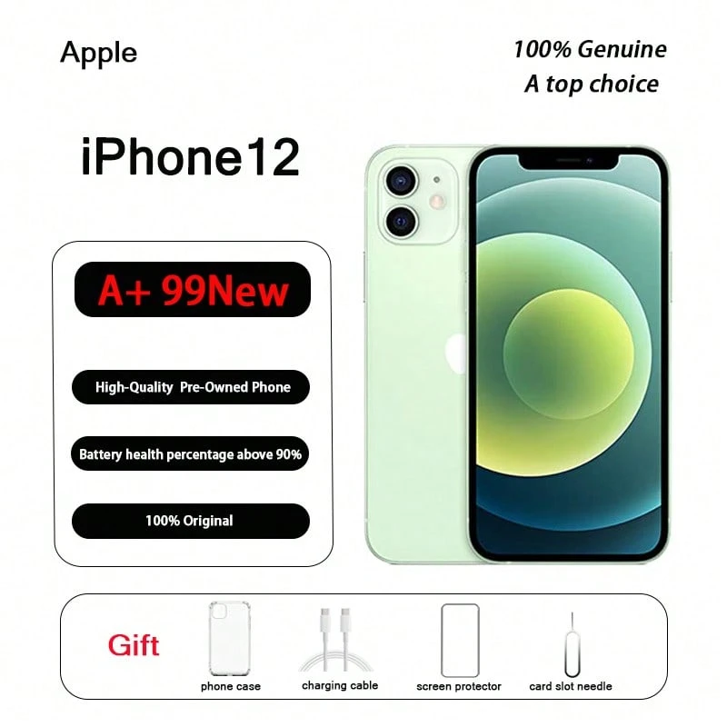 iPhone 12 de Apple de grado A+ usado, auténtico y original, en condición casi nueva (99% nuevo); incluye teléfono y funda protectora