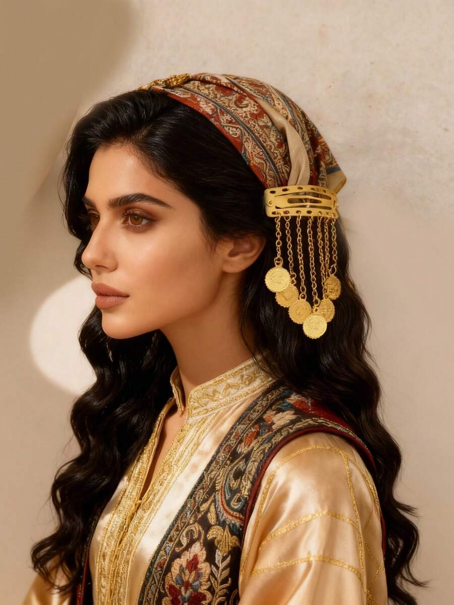 Herseygold 1pc Turkish Coin Tassel Hair Clip, Kurdish Bride Totem Hair Accessory, Middle Eastern Arabic Wedding Festival Women Headdress - Gold - View 1