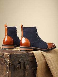 Bottes de travail mi-mollet pour homme, blocs de couleurs, bout rond, lacets, tige , semelle en caoutchouc, talon plat, résistantes, style business casual, automne/hiver. - Bleu azur - Voir 2