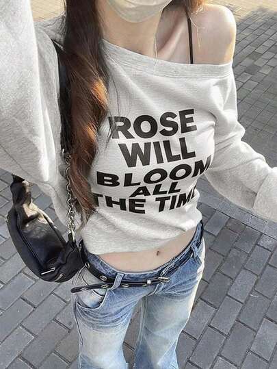 纯色字母印花斜肩休闲女士长袖卫衣，春夏秋