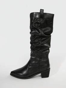 Sepatu Bot Tinggi Bergaya Barat dengan Ujung Lancip dan Detail Kerut, Koleksi Terbaru Musim Gugur/Dingin, Sepatu Bot Tinggi Hak Tebal Bergaya Inggris Klasik untuk Wanita - Hitam - View 3