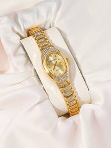 CARYINO 1pc Luxury Oval Dial Watch With Rhinestone Decor Elegant Strap, Fashion Chic Ladies Accessory Watch, Suitable For Daily Wear, Parties, Outfits, Birthday Gift