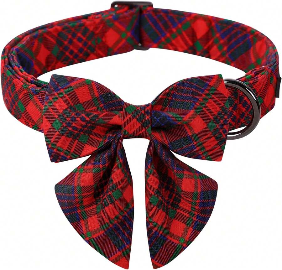 Christmas Dog Collar With Cute Plaid Bowtie - Adjustable Comfortable Bow Witetal Buckle,26170756 - 淺藍色 - 查看 1
