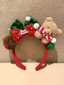 女士圣诞毛绒熊蝴蝶结发箍，新款绿色/红色泰迪熊毛绒发饰，饰有可爱蝴蝶，是节日场合的完美之选——时尚拍照道具、派对发箍，轻盈优雅的设计，是送给女士的理想节日礼物 - 彩色 - 查看 5