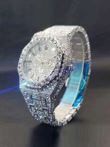 GUANQIN Men's Platinum-Plated Party Hip-Hop Rhinestone Watch With Calendar, Top Fashion Iced Out Watch Suitable For Halloween, Christmas,Father's Day,Students,Festivals,Dating,Business, Daily,Gifts - 銀色 - 查看 1