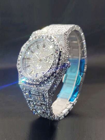 GUANQIN 男士铂金镀层派对嘻哈水钻腕表，带日历功能，时尚镶钻腕表，适合万圣节、圣诞节、父亲节、学生、节日、约会、商务、日常佩戴，也是一份很棒的礼物。