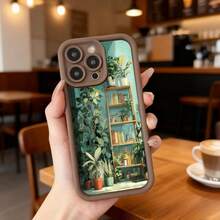 Phone Case With Black And Green Border With Indoor Garden Print Featuring Plants And Shelves For Daily Use In Cafes And Home Spaces Suitable For Apple Series Phones - Coffee Brown - View 7