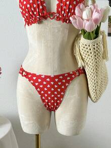 Bộ bikini hai mảnh dành cho nữ, kiểu dáng trái tim khoét cổ, dây buộc cổ, viền hoa, hở lưng, thời trang và dễ thương, thích hợp cho kỳ nghỉ hè ở bãi biển. - Đỏ - Xem 5