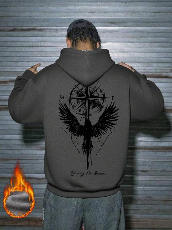 هودي بجيب فضفاض للرجال مزين بالبوصلة والغراب، موضة رائدة، خريف/شتاء