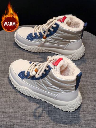 1 Pair Women's High-Top Snow Boots, Color Block, Warm Thermal Lined, Round Toe, Lace-Up, Outdoor, Suitable For Autumn/Winter