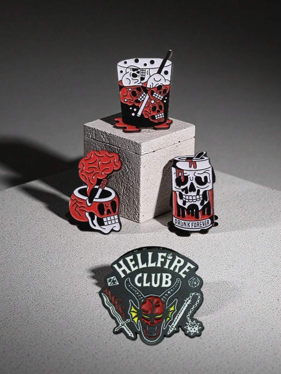 1/4 件装深色动物造型朋克风男女通用徽章，深红色骷髅烟灰缸，骷髅汽水罐，骷髅饮料杯造型朋克风男女通用徽章，个性化酷男孩包包装饰扣，主题派对，万圣节派对礼物。 - 彩色 - 查看 1