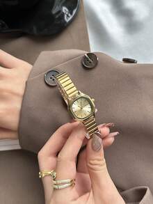 Este reloj de cuarzo cuadrado de bambú dorado/plateado es adecuado para el uso diario y también es un regalo perfecto para cumpleaños y Navidad. - Dorado - Ver 6