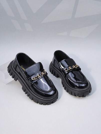 新款厚底女童休闲皮革乐福鞋，防滑英伦风黑色儿童厚底鞋，公主亮面平底牛津鞋，女童