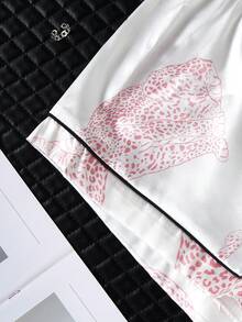 3pcs Women Leopard Print Pocket Short Sleeve Top And Shorts/Pants Pajama Set, Suitable For Spring, Summer, Autumn - Red and White - View 5