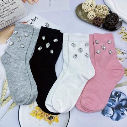1 par/2 pares/3 pares/4 pares de meias femininas brilhantes e modernas com decoração de strass, meias femininas macias, confortáveis e elásticas, personalizadas e modernas, adequadas para todas as estações, adequadas para uso diário e atividades de festa, presentes de Natal