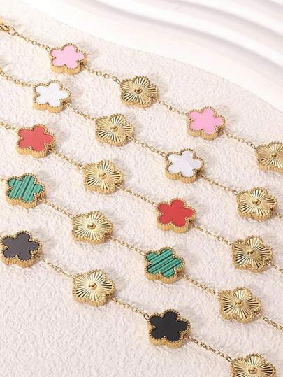 1pc 5-Leaf Flower Bracelet For Women, Minimalist Luxury Gold-Color Stainless Steel Bracelet