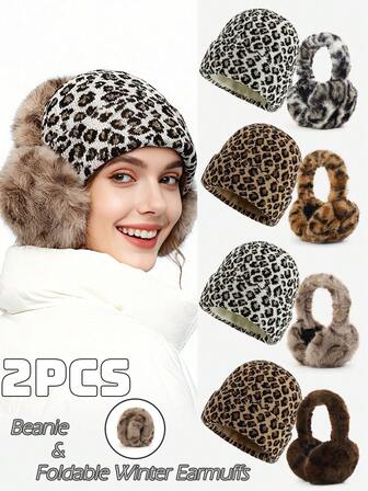 Set de 2 piezas de gorro de punto con estampado de leopardo y orejeras de peluche, accesorio cálido y a prueba de viento para otoño/invierno, adecuado para combinar a diario, atuendo al aire regalo de ropa de mujer para el Día de San Valentín