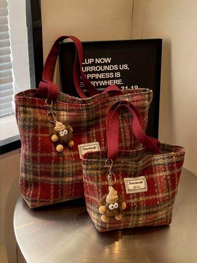 1pc Large Capacity Plaid Shoulder Bag - Shoulder Strap Design, Wool Fabric, Suitable For All Seasons, Machine Washable, Suitable For Work And Daily Use - Red & Black, Elegant Blue, Large Capacity Commuter Plaid Bag, Autumn/Winter Wool Plaid Shoulder Bag, High-End Versatile Handbag, Large Capacity Commuter Plaid Bag, Retro Versatile Wool Shoulder Handbag