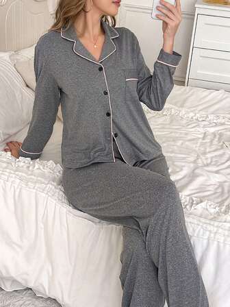 2 st kvinnors enfärgade grå färgtryck långärmad topp och byxor pyjamaset, bekväm krage med knappar framtill, fickor och elastiska midjebyxor, lämplig för alla årstider casual loungewear, vinterkläder